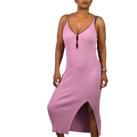 Abercrombie Fitch Elevated Knit Midi Dress Pink Ribbed Keyhole Slit Midi Slip XL - Picture 1 of 13